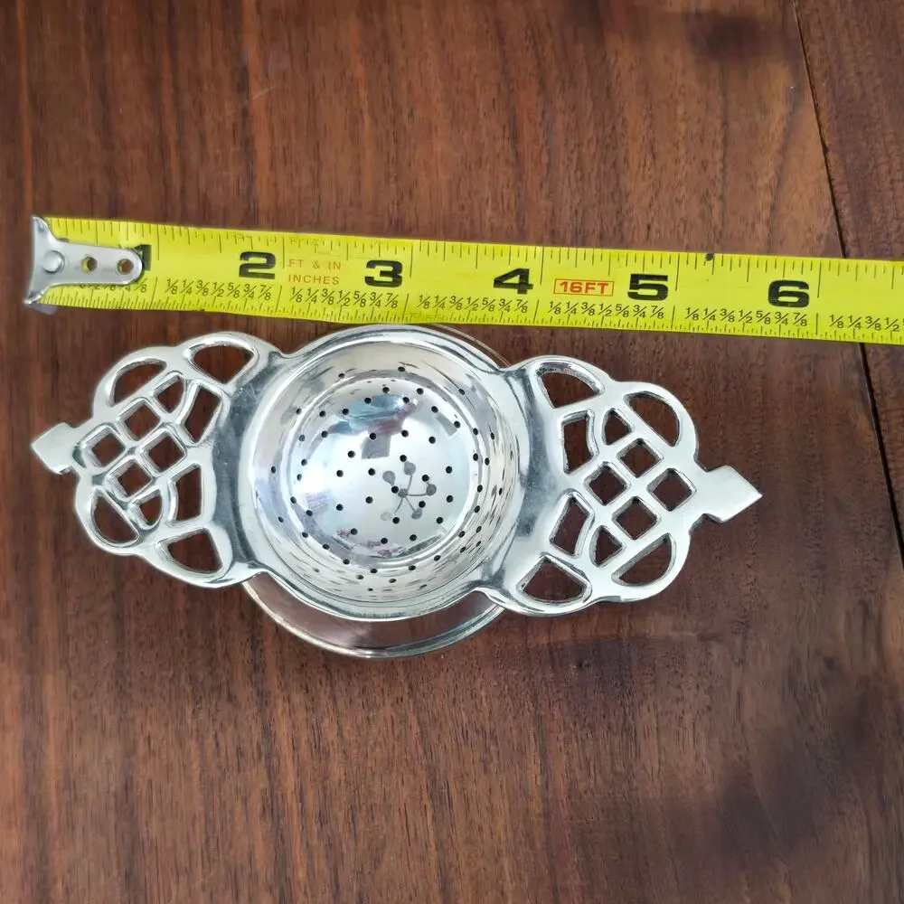 Vintage Silver Plated Tea Strainer Filigree Handles Drip Bowl Victorian Cottage